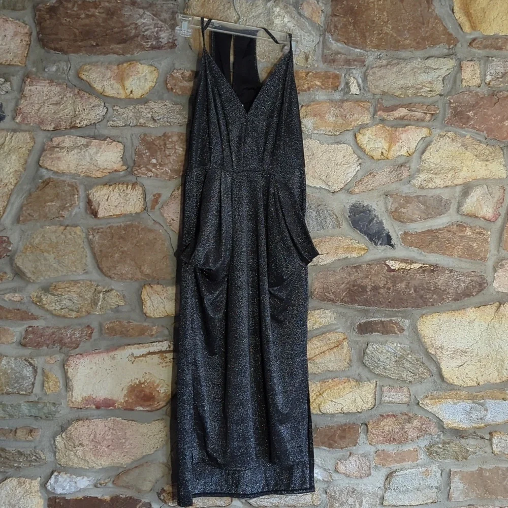 BCBG GENERATION METALLIC BLACK SURPLICE MIDI POCKET DRESS - Picture 4 of 13